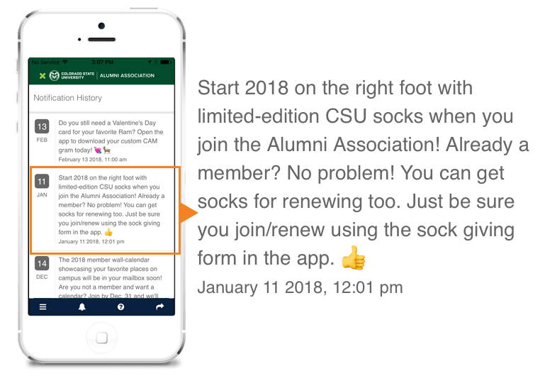 The Colorado State Alumni Association used this notification to generate interest in the app and renewing memberships.
